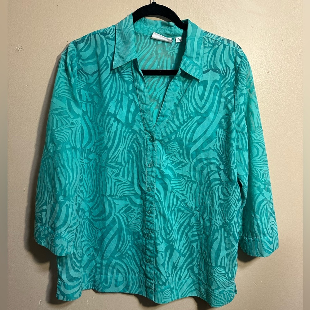 Studio Works Turquoise Abstract Print Button-Up Blouse, 3/4 Sleeve
